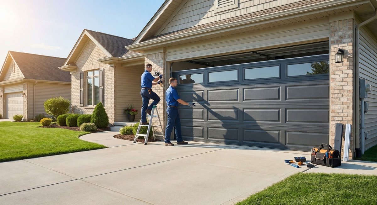 Two technicians, one on a stepladder, working at a gray double garage door on a brick-trim home