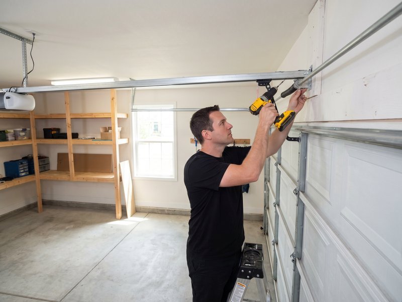 Technician drilling an opener rail bracket at the top of a door frame, with shelves along the back wall