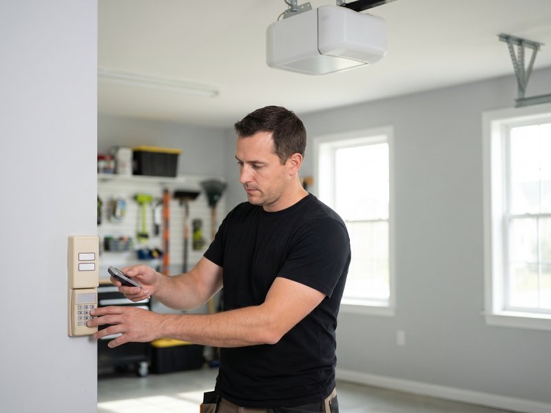 Technician pressing buttons on a wall keypad beside a door, with an opener head on the ceiling