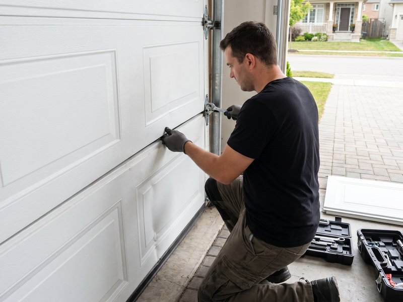 Technician in a black shirt kneeling beside a white paneled door with open toolboxes on the ground