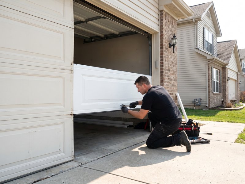 Technician kneeling at the raised bottom edge of a white sectional door on a driveway, toolbag beside him