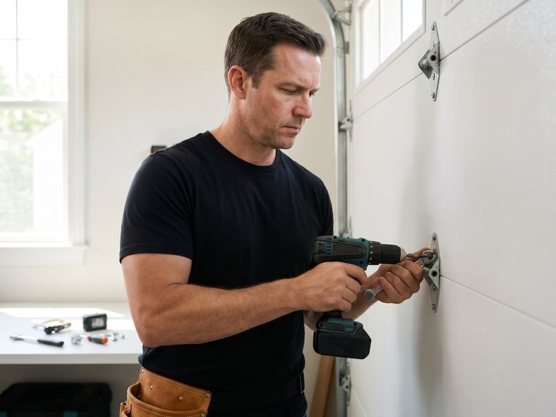 Technician with a cordless drill fixing a hinge to a white door panel