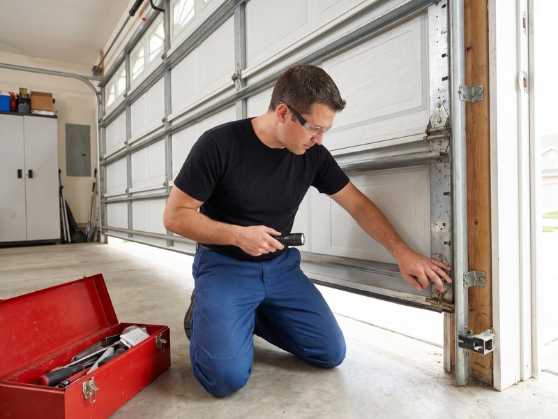Technician kneeling at the bottom of a raised garage door and checking the track bracket, with a red toolbox beside him