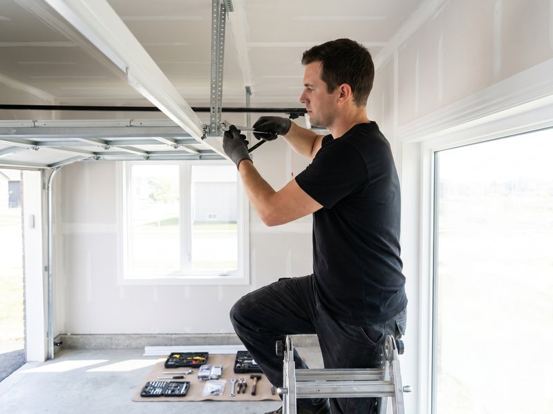 Technician on a stepladder fitting hardware beside a garage door with window panels, tools on the floor