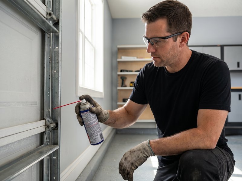 Technician in safety glasses spraying lubricant along the vertical track beside a door, with shelves behind him