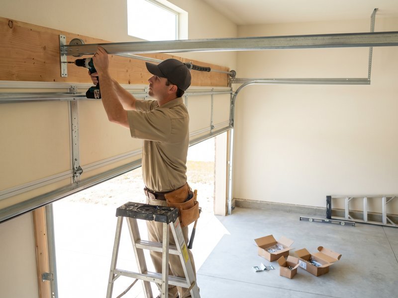 Technician on a stepladder drilling a wood header above a garage opening, tracks running overhead