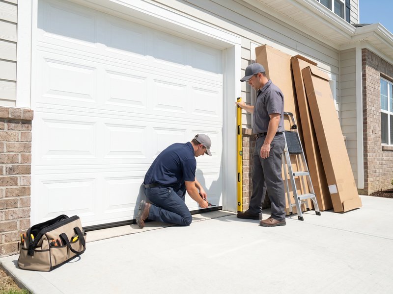 Two workers beside a white paneled garage door, one kneeling at the bottom edge, with a ladder and a toolbag nearby